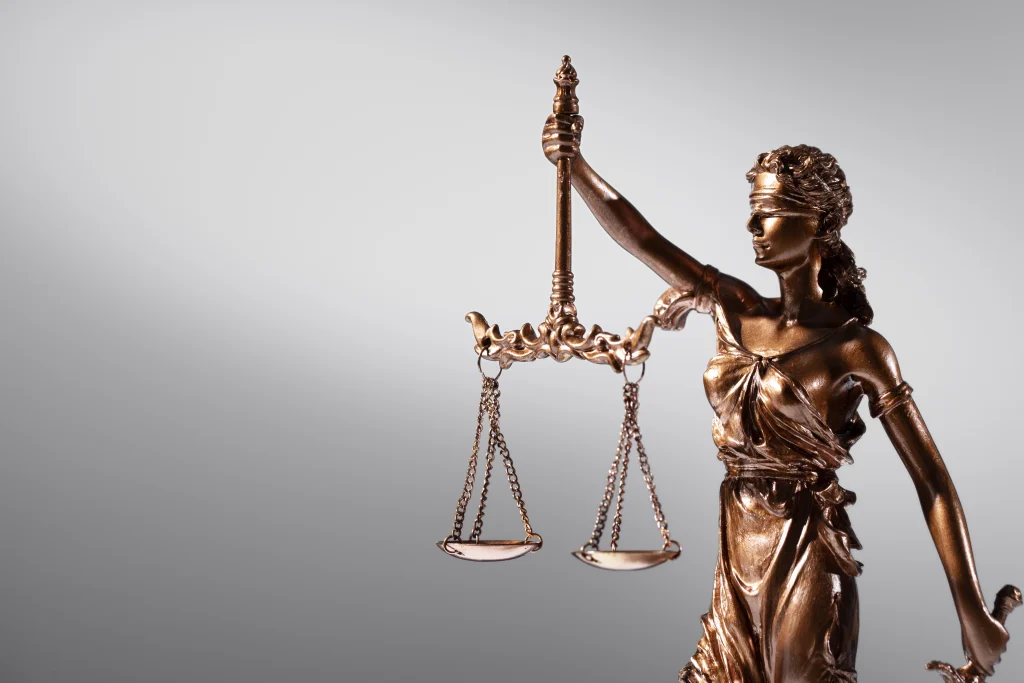 Bronze statue of Lady Justice holding scales, symbolizing fairness and equality in Indian constitutional law, with a neutral gray background
